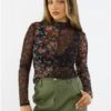 Brave Soul Black / Floral Print Mesh Long Sleeve Top -Noisy May Shop 29065