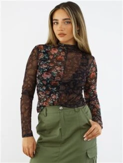 Brave Soul Black / Floral Print Mesh Long Sleeve Top