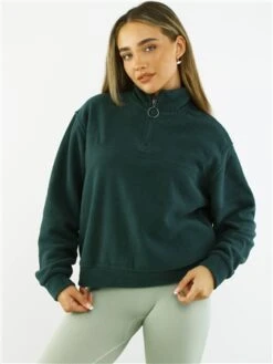 Brave Soul Deep Green Zip Detail Cropped Polar Fleece Sweatshirt