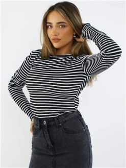 Brave Soul Black / White Contrast Stripe Long Sleeve High Neck Top
