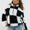 Daisy Street Black/White Teddy Checkered Half Zip