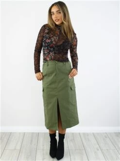 Saint Genies Khaki Midi Cargo Skirt -Noisy May Shop 29072 2