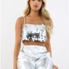 Glamorous Silver Large Sequin Strappy Crop Top