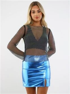 Saint Genies Electric Blue Faux Leather Metallic Mini Skirt