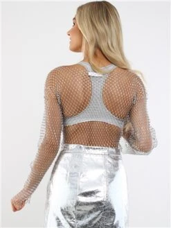 Saint Genies Silver Roxy Mesh Diamante Long Sleeve Top -Noisy May Shop 29199 3
