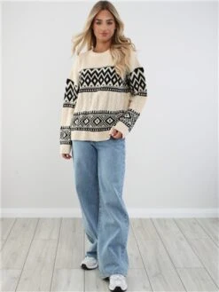 Brave Soul Oatmeal / Black Pattern Chunky Knit Jumper -Noisy May Shop 29206 2