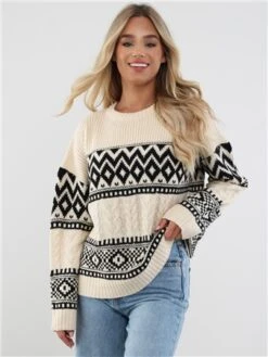 Brave Soul Oatmeal / Black Pattern Chunky Knit Jumper
