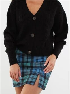 Saint Genies Green / Blue Tartan Print Split Mini Skirt -Noisy May Shop 29209 1