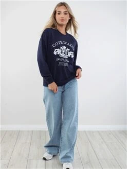 Brave Soul Navy / White Donna Print Crew Neck Sweater -Noisy May Shop 29211 2