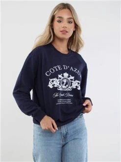 Brave Soul Navy / White Donna Print Crew Neck Sweater