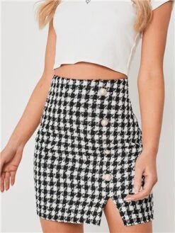 Saint Genies Black / White Houndstooth Tweed Skirt -Noisy May Shop 29255 1