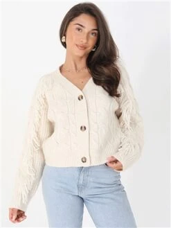 Brave Soul Oatmeal Chunky Cable Knit Button Through Cardigan
