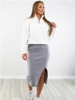 Saint Genies Grey Ribbed Split Midi Skirt -Noisy May Shop 29304 2