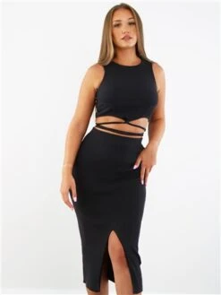 Saint Genies Black Ribbed Split Midi Skirt