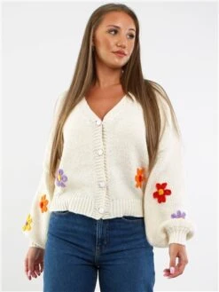 Qed Ivory Chunky Flower Cardigan
