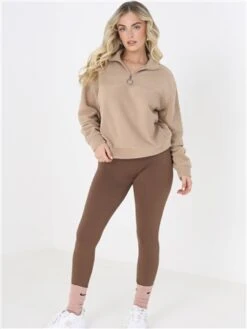 Brave Soul Tan Zip Detail Cropped Polar Fleece Sweatshirt -Noisy May Shop 29444 2