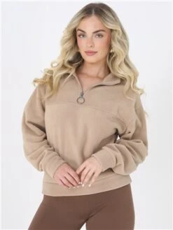 Brave Soul Tan Zip Detail Cropped Polar Fleece Sweatshirt