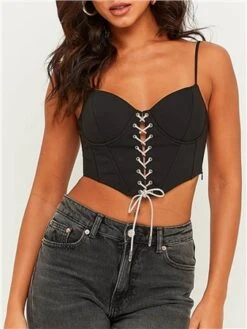 Tally Weijl Black Lace Up Corset Top With Strass -Noisy May Shop 29485 2