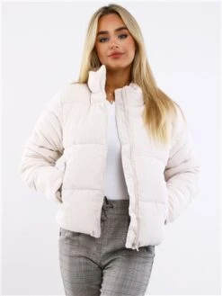 Weekend Vibes Cream High Neck Short Cord Puffer Jacket
