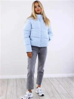 Weekend Vibes Skyway Blue High Neck Short Cord Puffer Jacket -Noisy May Shop 29546 2