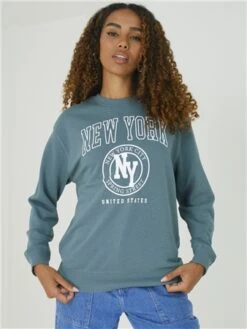 Brave Soul Sea Moss / White New York Print Crew Sweat