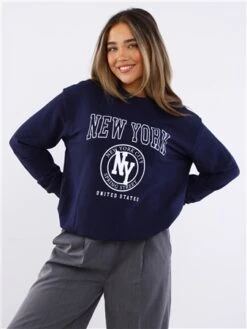 Brave Soul Navy / White New York Print Crew Sweat