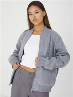 Brave Soul Grey Marl Zip Through Bomber Style Jacket