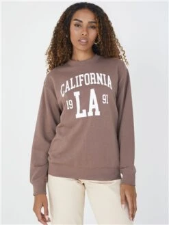 Brave Soul Deep Taupe California Print Crew Sweat