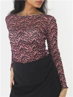 Brave Soul Pink / Navy Print Mesh Ruched Top -Noisy May Shop 29584 2