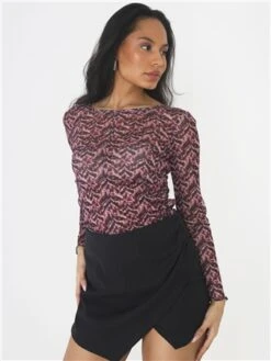 Brave Soul Pink / Navy Print Mesh Ruched Top